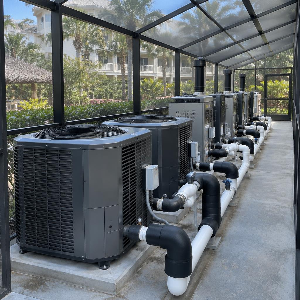 Bank of commercial pool heaters in a screened equipment enclosure at a resort