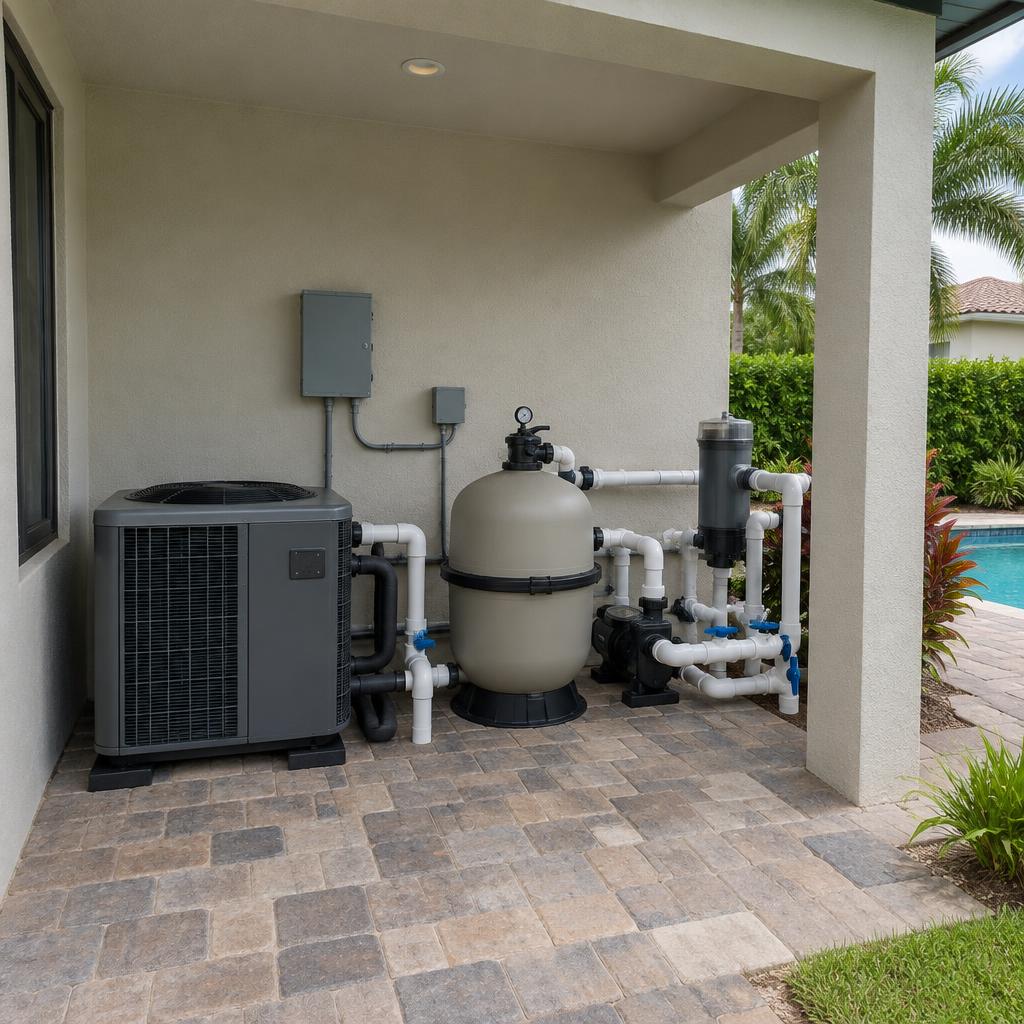 Pool heat pump and filter equipment under a covered patio alcove