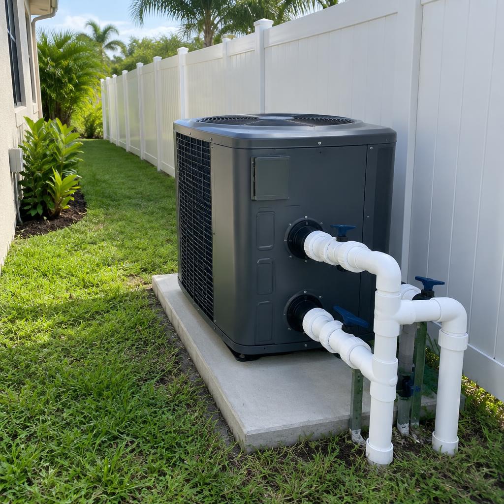 New pool heat pump installation on a concrete pad along a white fence line