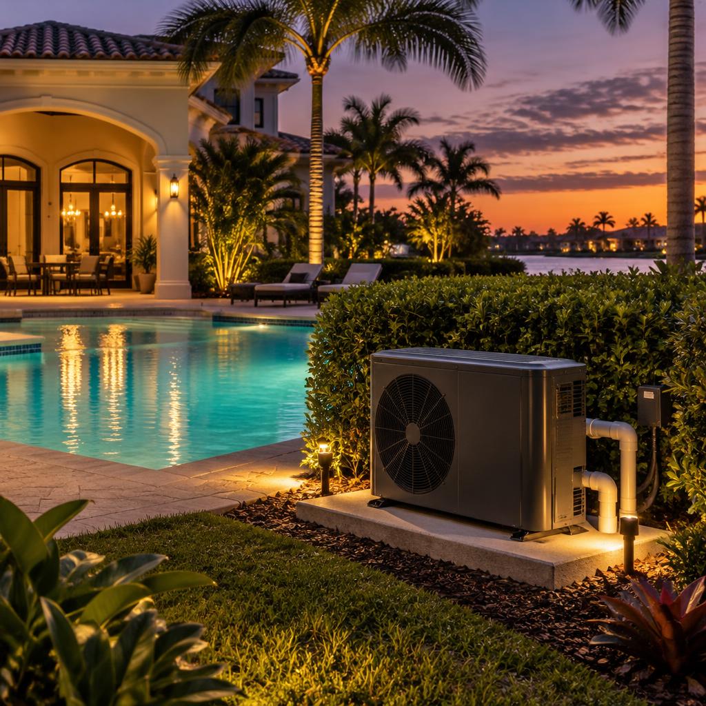 Lit pool heat pump on an equipment pad beside a trimmed hedge at dusk, with the glowing pool beyond