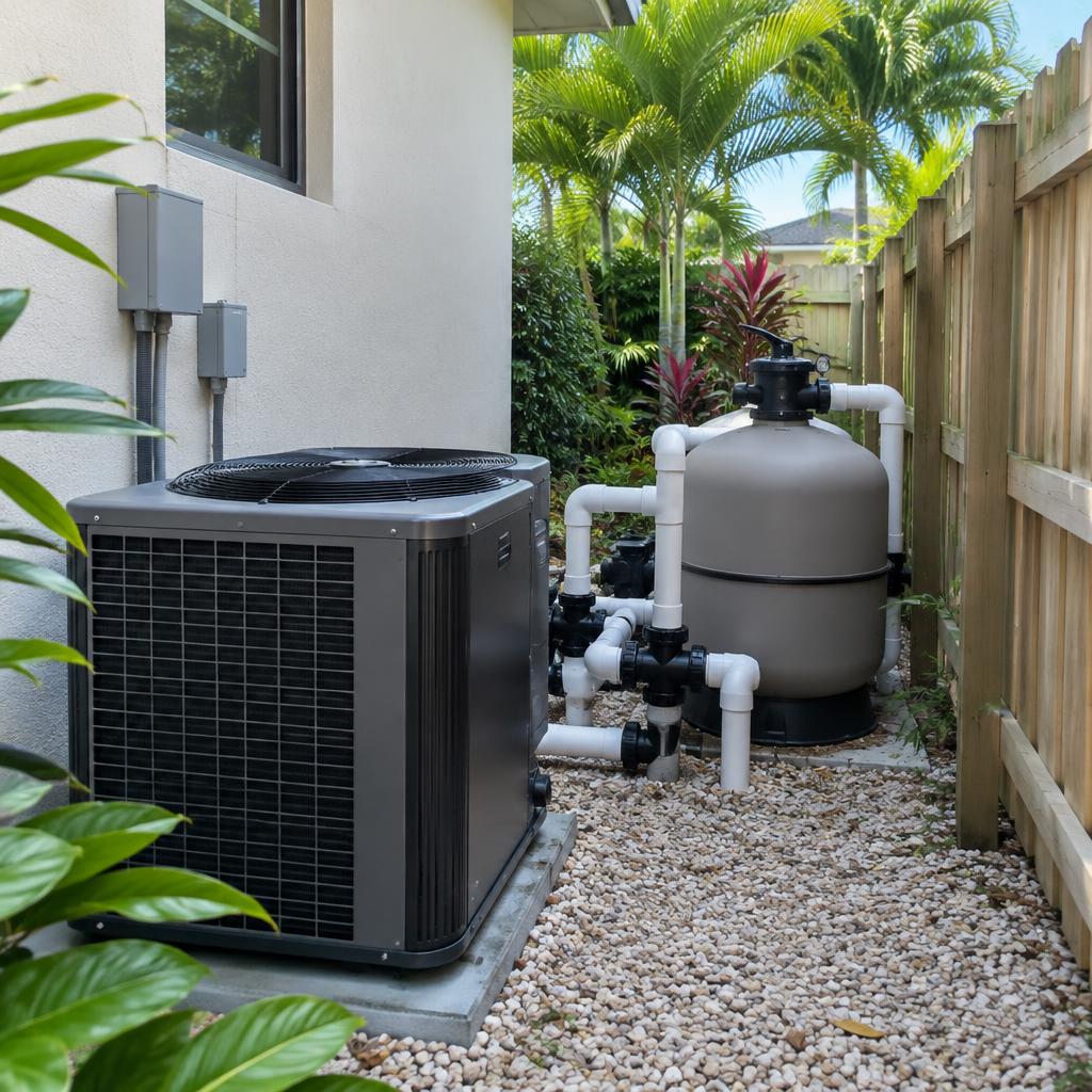 Pool heater and filter equipment in a side-yard nook between a house wall and wooden fence