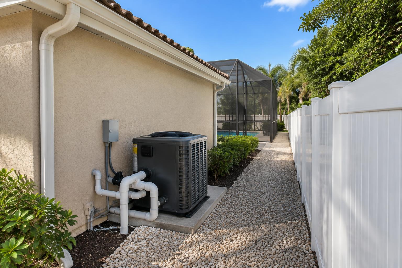 Backyard of a Jupiter, Florida home with a sparkling screened pool enclosure, paver deck, palms and evening golden light