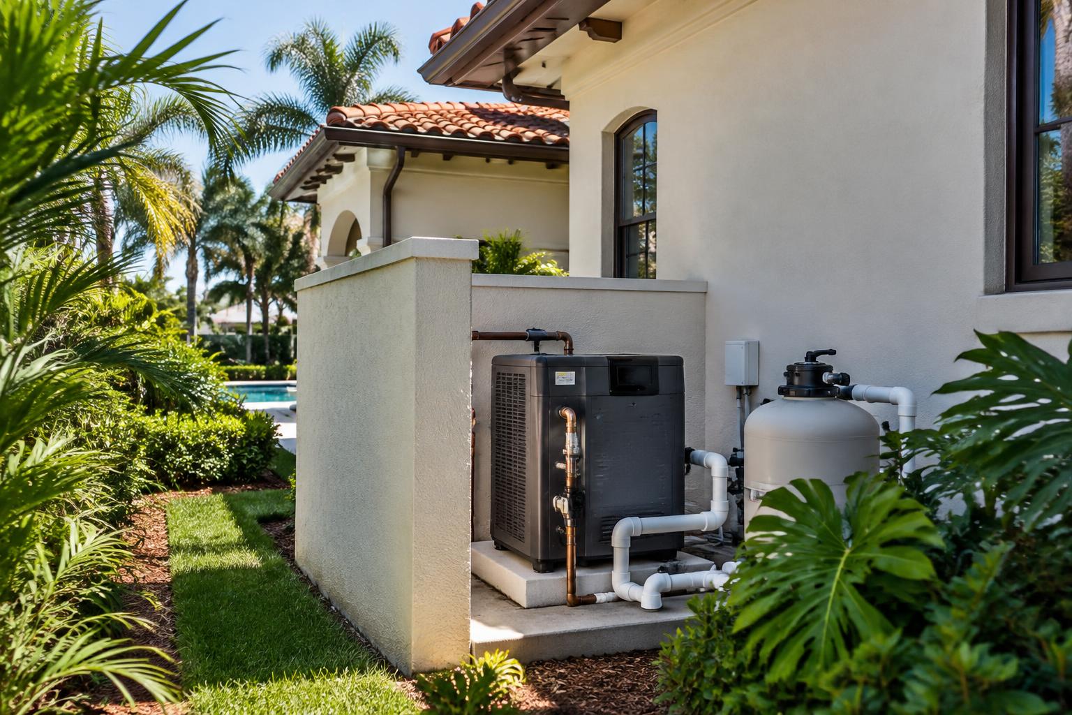 Luxury Boca Raton backyard at dusk with a raised stone spa spilling into a lit pool, modern white home, palms uplit