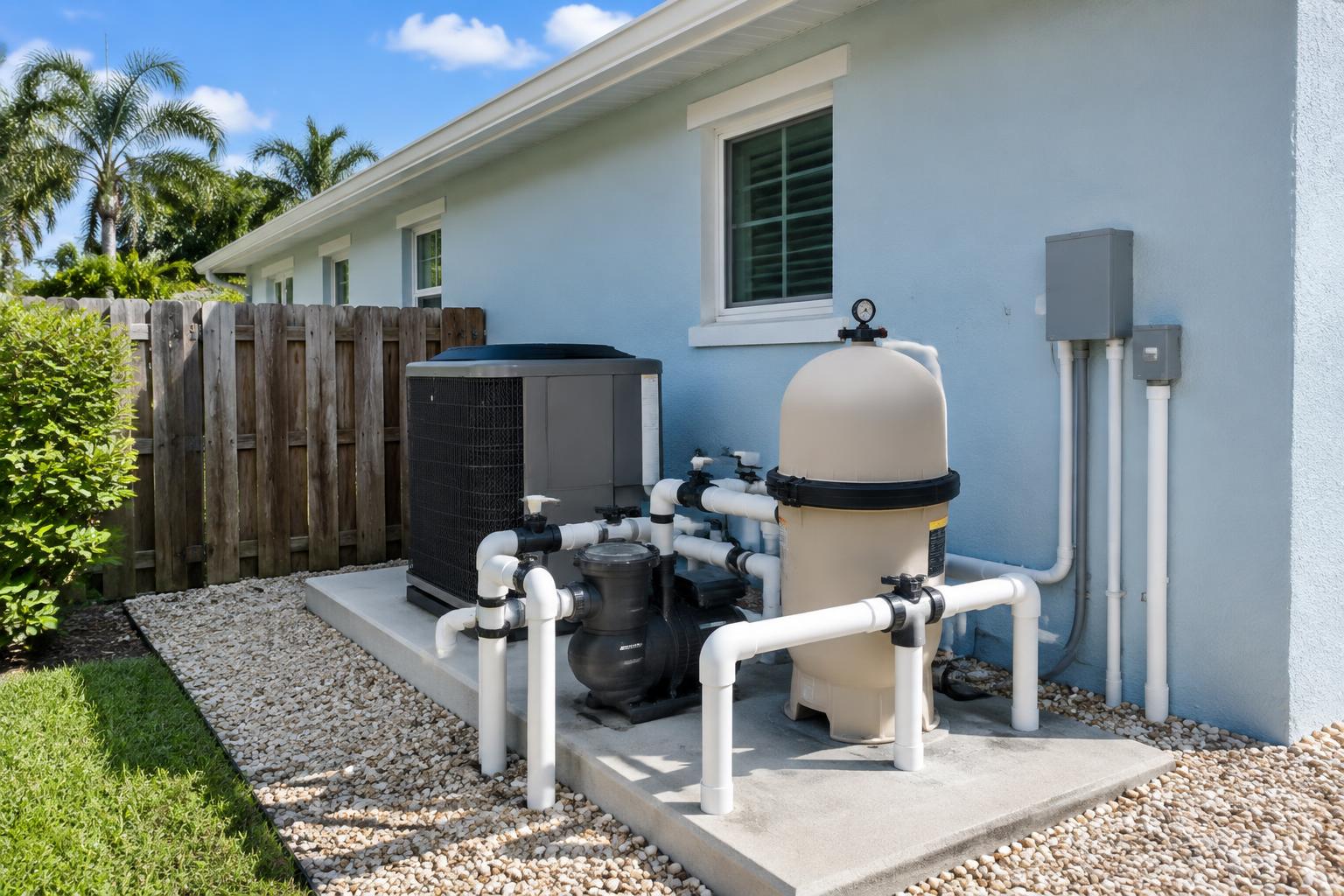 Residential pool equipment pad at a Boynton Beach, Florida home with a new variable-speed pump, cartridge filter and white pool heat pump in a row, clean PVC plumbing with blue valves, in front of a tall hedge