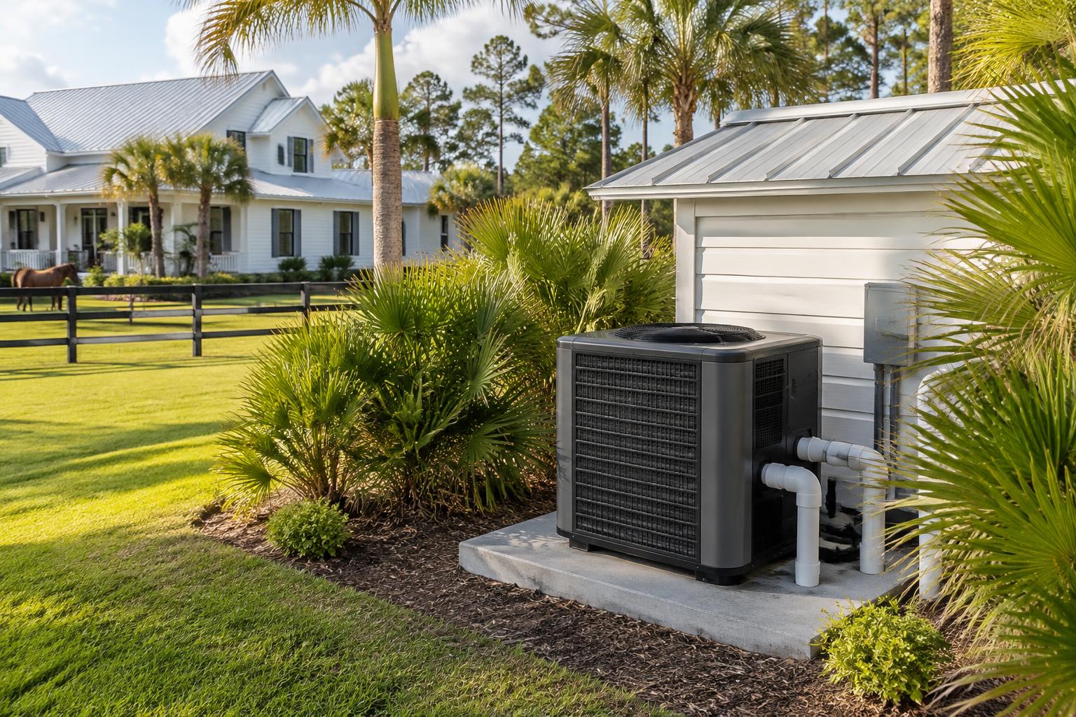 Pool heat pump and filter beside a luxury Loxahatchee estate pool with travertine deck and paddock views