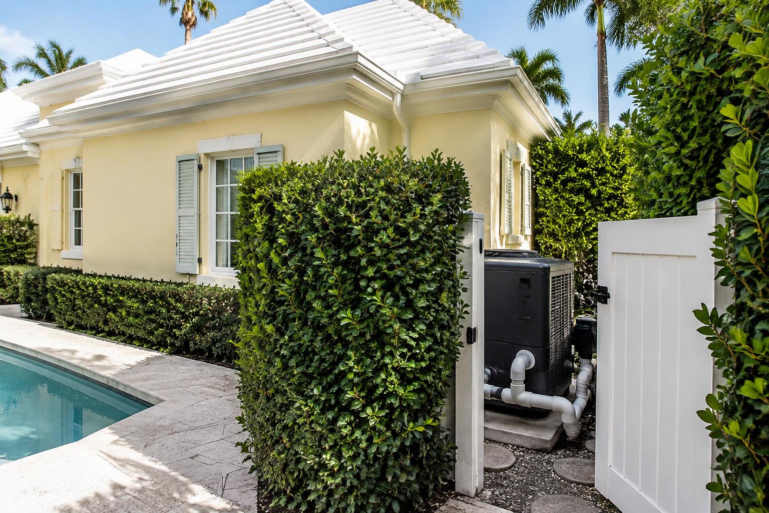 Pool heat pump beside a classic white Gulf Stream residence and pool