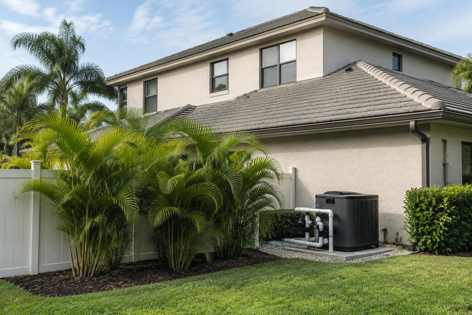 Pool heat pump beside a screened Wellington family pool with a green lawn and palm trees