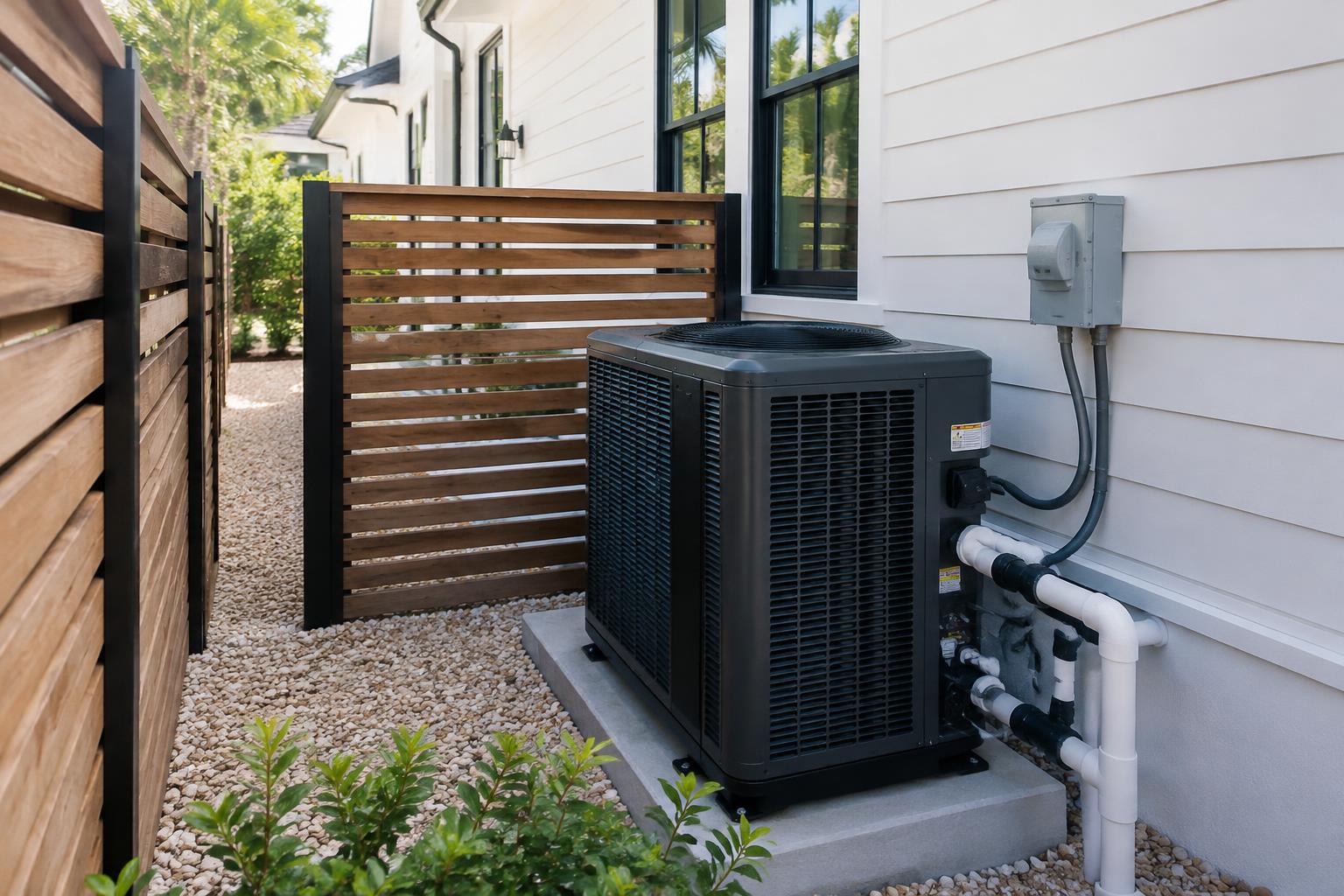 Pool heat pump beside a Delray Beach backyard pool with a paver deck and tropical landscaping