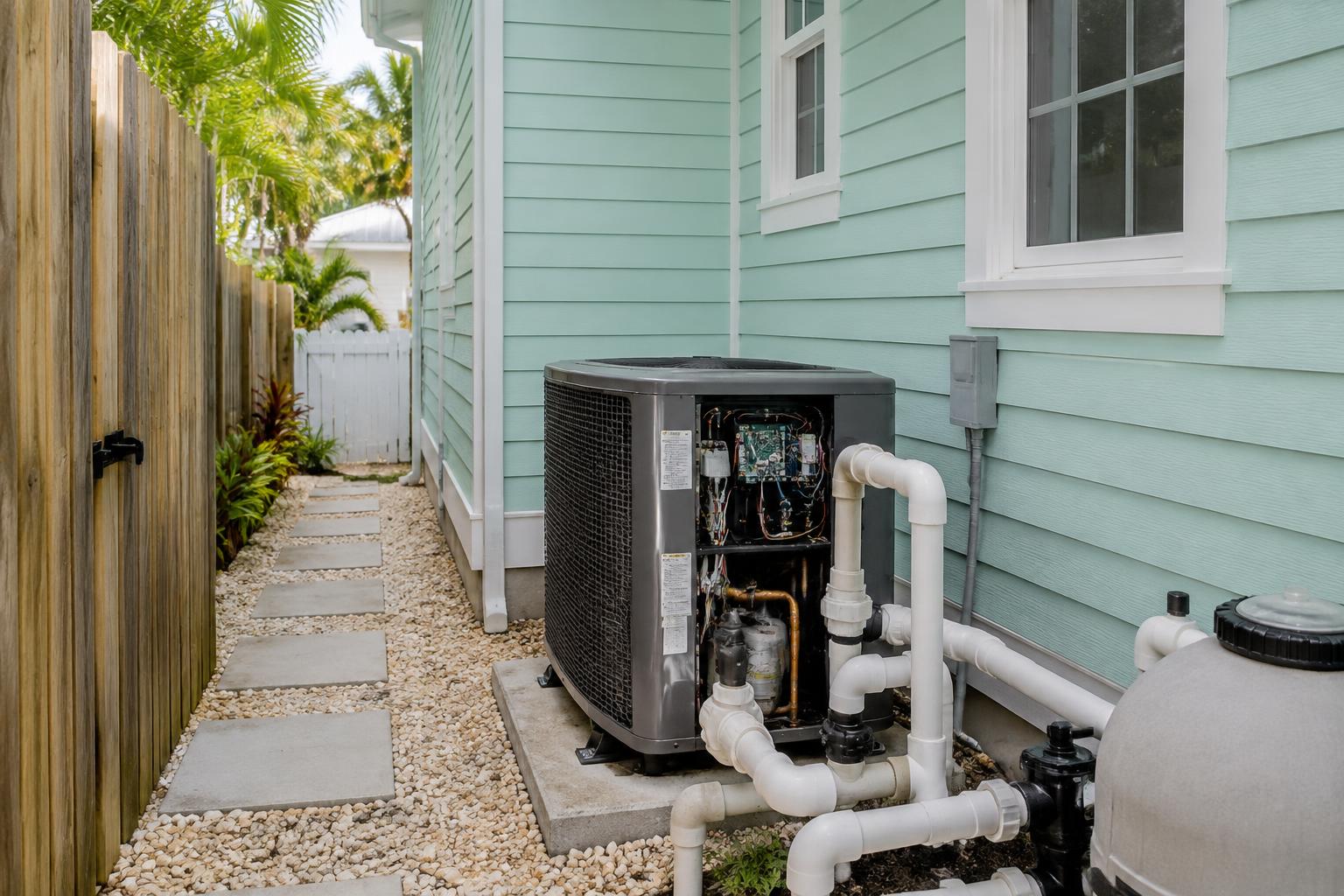 Technician work on a pool heater at a Lake Worth Beach coastal home pool