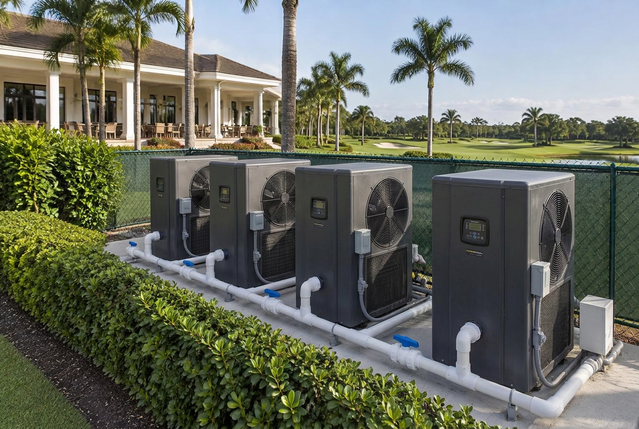 Pool heating equipment serving a Palm Beach Gardens country club pool with a manicured lawn