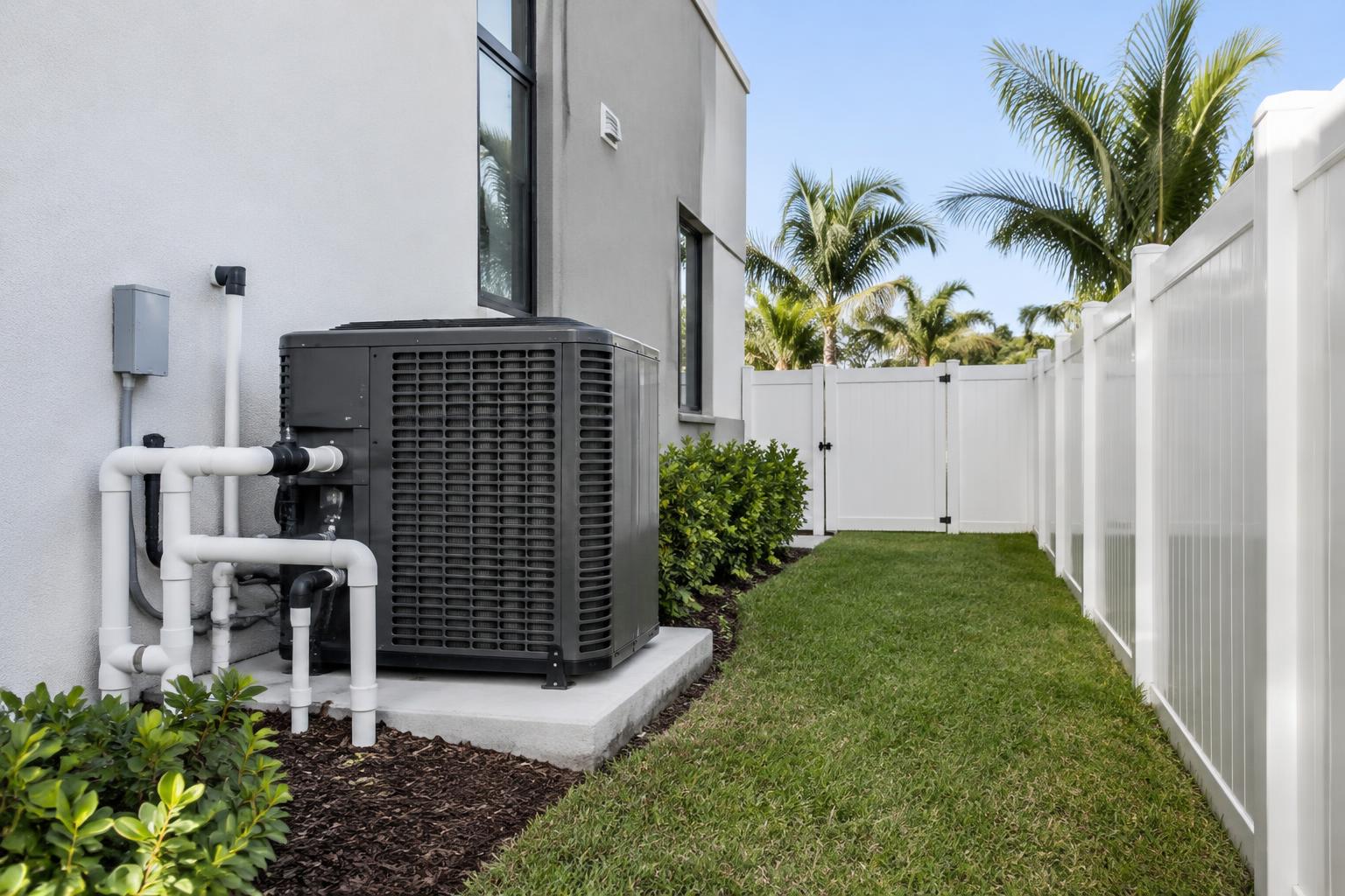 New pool construction at a North Palm Beach home with a fresh heat pump and clean equipment pad