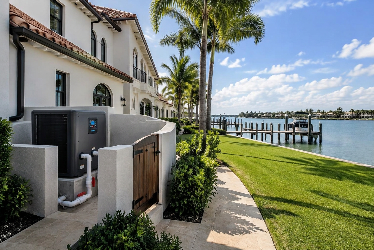 Pool heat pump beside a Manalapan waterfront estate pool with an ocean view