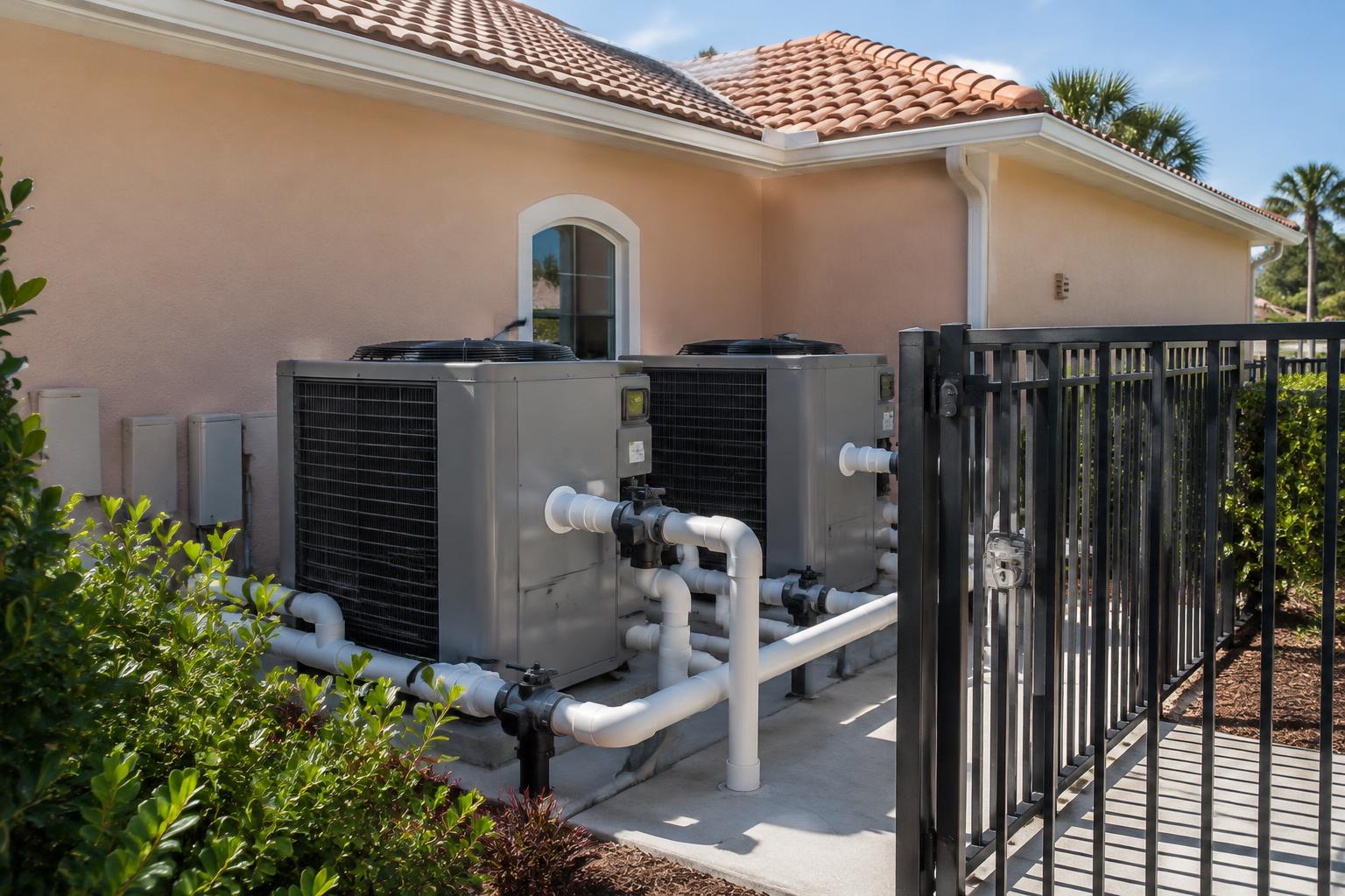 Pool heaters serving a Boynton Beach community pool surrounded by hedges