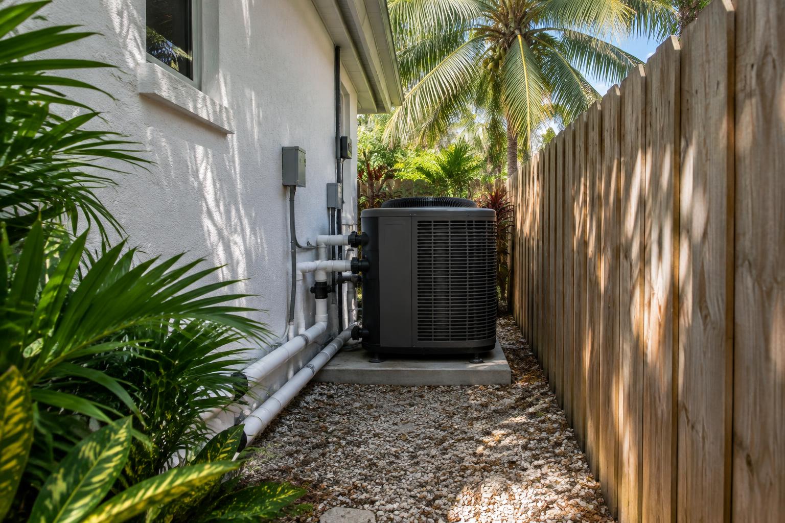 Heat pump pool heater hidden in a fenced side yard between a stucco wall and wooden fence