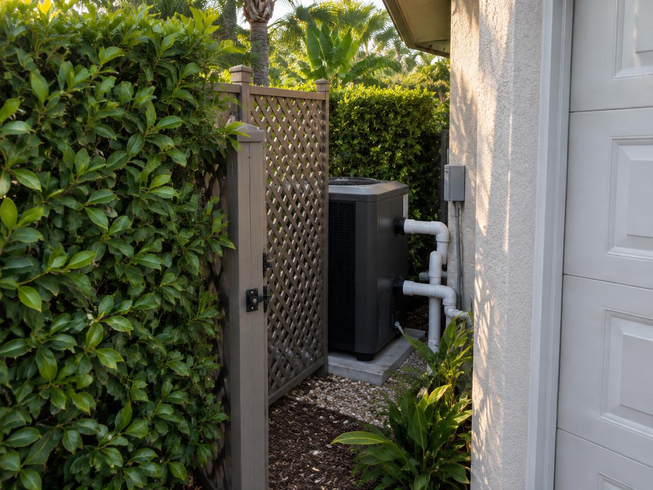 Pool heat pump installed behind a garage, seen through a side gate