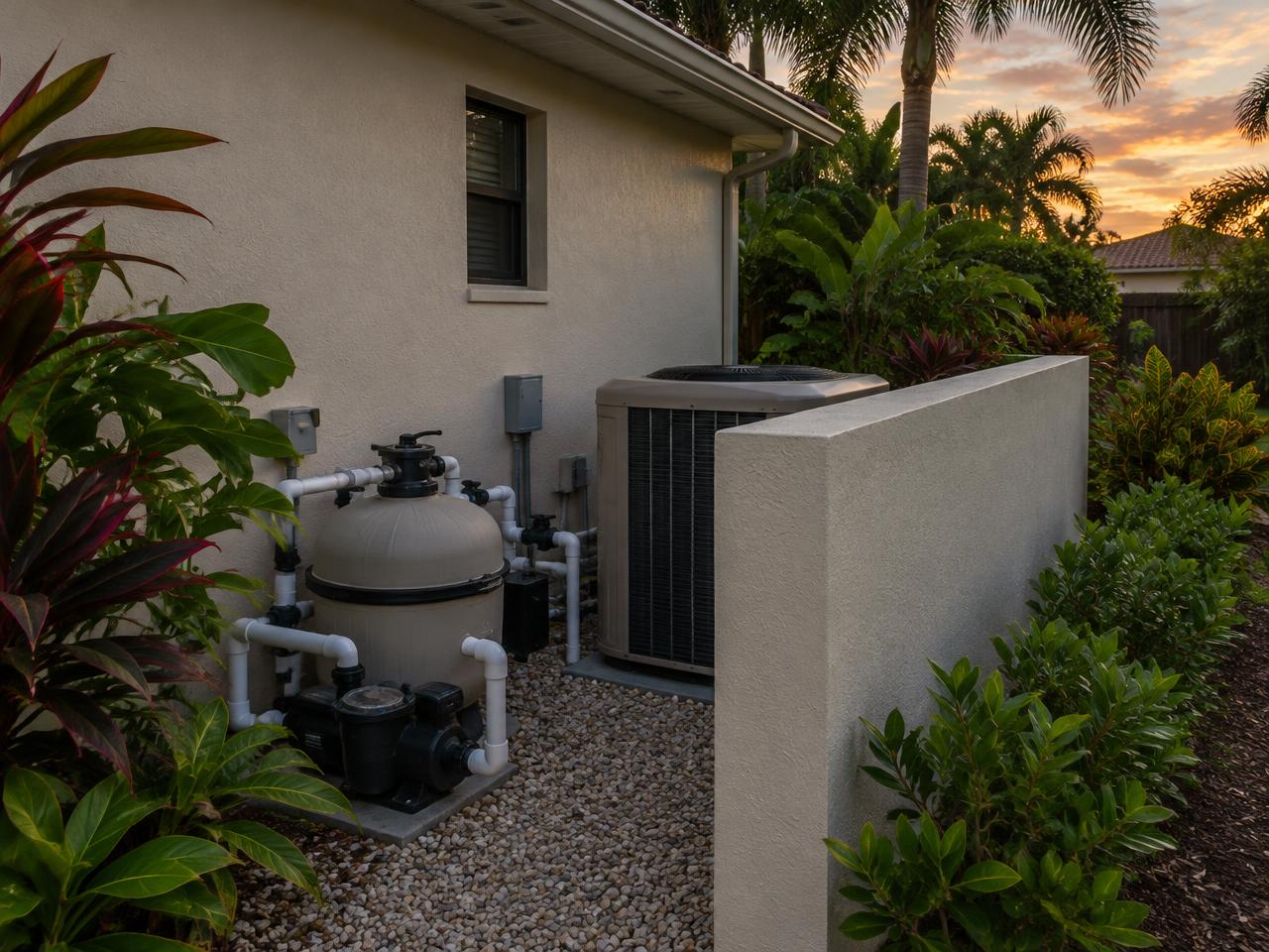 Pool heater and filter equipment behind a screening wall at dusk
