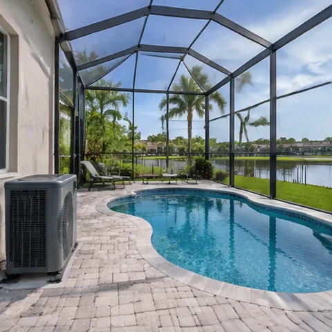 Pool heat pump installed beside a South Florida home — Contact Pure Tek Pool Heaters
