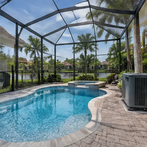 Pool heat pump installed beside a South Florida home — AquaComfort pool heater service