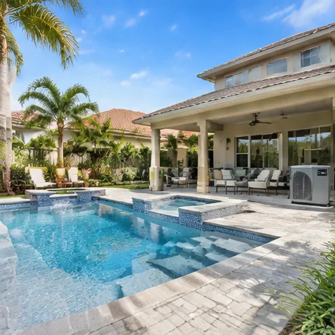 Pool heat pump installed beside a South Florida home — RayPak pool heater service