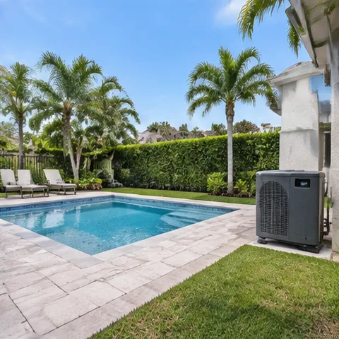 Pool heat pump installed beside a South Florida home — AquaCal pool heater service